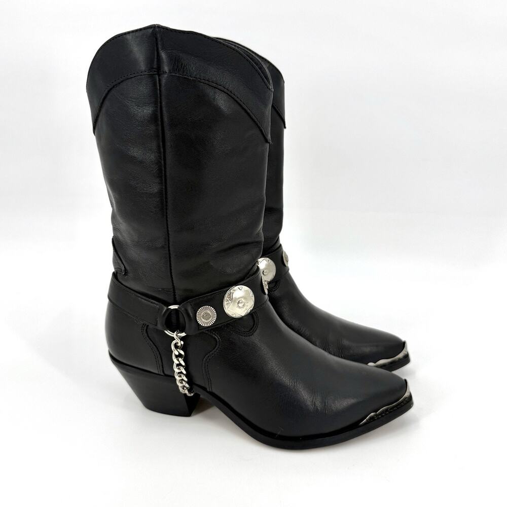 Code West Black Leather Slouchy Studded Chain Boots Womens Western 8 M Moto VTG